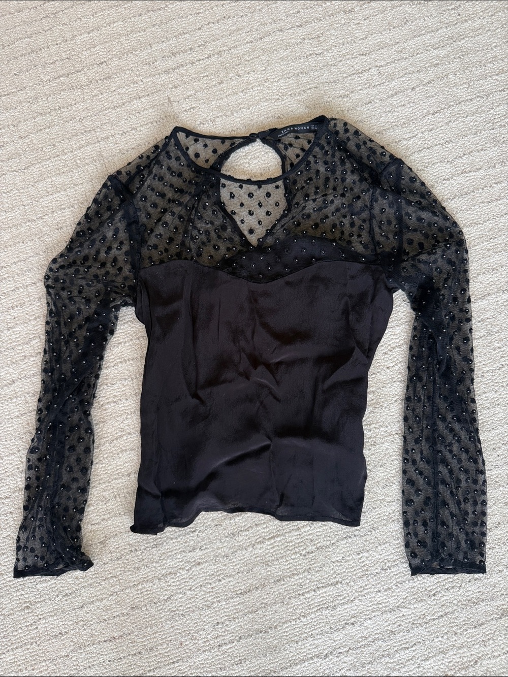 Zara Black Sheer Polka-Dot Long Sleeve Top